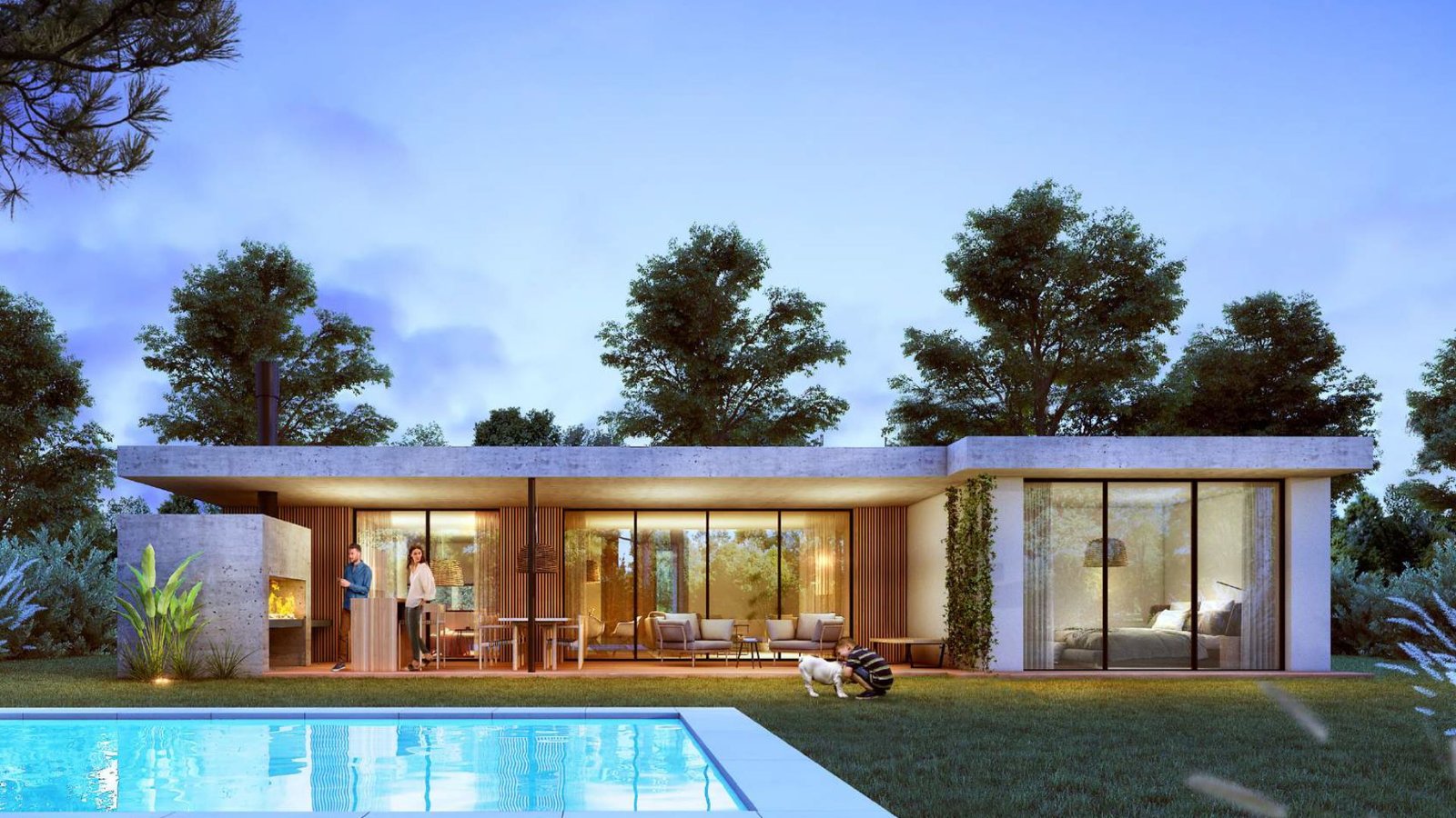Casa moderna con piscina al atardecer en La Juana